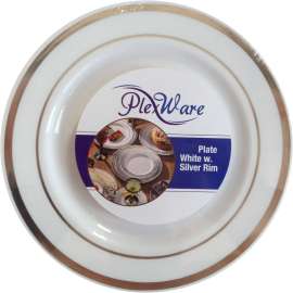 PLEXWARE 120 Pcs White Heavy Duty Plastic Dessert Plates with Silver Rim, 10.25 inch Disposable Salad Plates White for Wedding