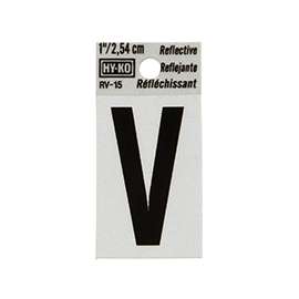 HY-KO RV-15/V Reflective Letter, Character V, 1 in H Character, Black Character
