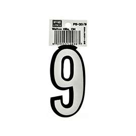 HY-KO PS-20/9 Reflective Sign, Character 9, 3-1/4 in H Character, Black/White Character