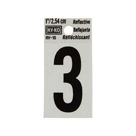 HY-KO RV-15/3 Reflective Sign, Character 3, 1 in H Character, Black Character