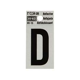 HY-KO RV-15/D Reflective Letter, Character D, 1 in H Character, Black Character