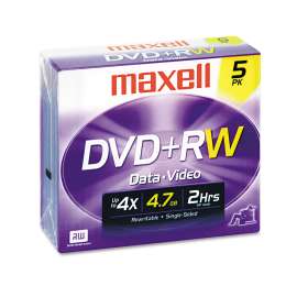 DVD+RW Discs, 4.7GB, 4x, w/Jewel Cases, Silver, 5/Pack