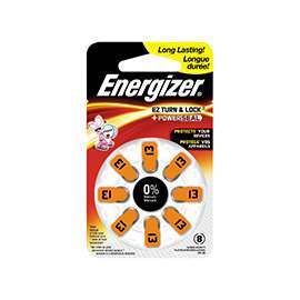 Energizer 13 Series AZ13DP-8 Non-Rechargeable Hearing Aid Battery, Zinc-Air, 242 mAh