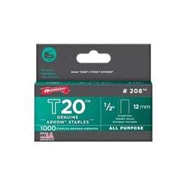 Arrow T20 Series 208 Flat Crown Staple, 1/2 in L Leg