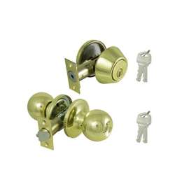 ProSource Combo Deadbolt And Knob Set, 2-3/8 - 2-3/4 In Backset, Kw1 Keyed, Solid Brass, Polished Brass