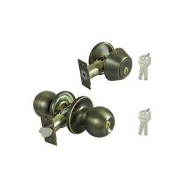 ProSource Combo Deadbolt And Knob Set, 2-3/8 - 2-3/4 In Backset, Kw1 Keyed, Solid Brass, Antiqued Brass