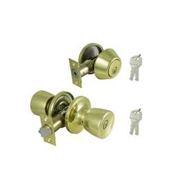 ProSource Combo Deadbolt And Knob Set, 2-3/8 - 2-3/4 In Backset, Kw1 Keyed, Solid Brass, Polished Brass