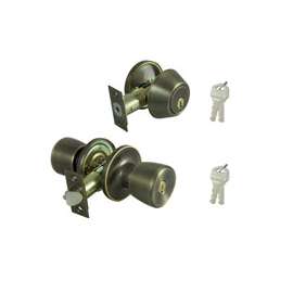 ProSource Combo Deadbolt And Knob Set, 2-3/8 - 2-3/4 In Backset, Kw1 Keyed, Solid Brass, Antiqued Brass