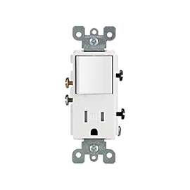 Leviton Decora 5625 Series R62-T5625-0WS Rocker Combination Switch/Receptacle, 120 V Switch, 125 V Receptacle, 1-Pole