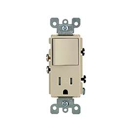 Leviton Decora 5625 Series S01-T5625-0IS Rocker Combination Switch/Receptacle, 120 V Switch, 125 V Receptacle, 1-Pole