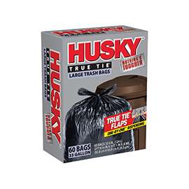 HUSKY HK33WC060B Trash Bag, 33 gal Capacity, Tie Closure, Polyethylene, Black