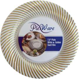 PLEXWARE 120 Pcs White Heavy Duty Plastic Dessert Plates with Golden Swirl Rim, 7.5 inch Disposable Salad Plates, Premium Catering Plates for Party, White Plastic Plates for Wedding