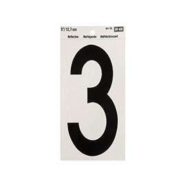 HY-KO RV-70/3 Reflective Sign, Character 3, 5 in H Character, Black Character