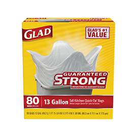 GLAD 60034 Heavy Trash Bag, 13 gal, 23-1/4 in W x 28 in H, Plastic