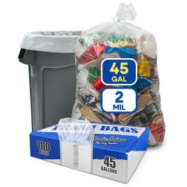 PLASTIC PRINCE 40-45 Gallon Trash Bags Heavy Duty 2 Mil Fit Rubbermaid Brute Rollout Round and Square 32-44 gal Trash Cans 40" x 46" Trash Liners, Clear Pack of 100