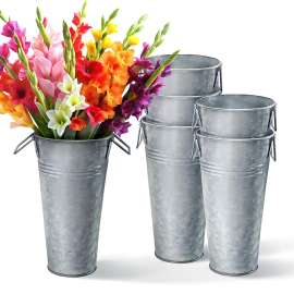 Plexon 9" Tall Galvanized Metal Vase for Flowers, Metal Flower Container with Handles, Farmhouse French Tin Vases for Flowers Ideal for Sparkler Bucket Wedding Home Decor, Set of 6