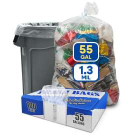 PLASTIC PRINCE 55 Gallon Trash Bags 1.3 Mil Heavy Duty Fit Rollout Containers Round and Square 32-55 gal Trash Cans 36" x 50" Large Durable Garbage Trash Can Liners, Clear Pack of 100