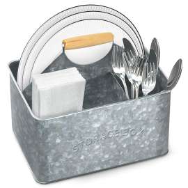 Plexon Metal Utensil Caddy With Handle - Farmhouse Rustic Kitchen Utensil Holder for Party Picnic Table Garden - Tool Cutlery Flatware Silverware Caddy Organizer Storage, Silver