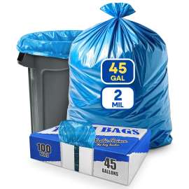 PLASTIC PRINCE 40-45 Gallon Trash Bags 2 Mil Heavy Duty Large Trash Bags Fit Rubbermaid Brute Rollout Round and Square 32-44 gal Trash Cans 40" x 46" Outdoor Garbage Bags, Blue Pack of 100