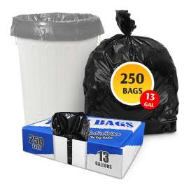 PLASTIC PRINCE (250 Pack) 13 Gallon Trash Bags, 12-16 Gallon Black Kitchen Bags, 1.1 Mil, Heavy Duty, Fits Round and Square 12-16 gal Trash Cans, 24" x 31" Garbage Trash Can Liners
