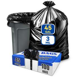PLASTIC PRINCE 40-45 Gallon Trash Bags Heavy Duty 3 Mil Black Trash Bags Fit Rubbermaid Brute Rollout Round and Square 32-44 gal Trash Cans 40" x 46" Outdoor Garbage Bags, Black Pack of 100