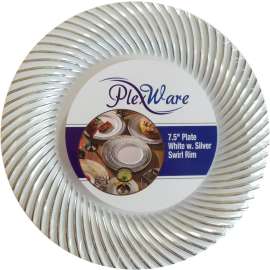 PLEXWARE 120 Pcs White Heavy Duty Plastic Dessert Plates with Silver Swirl Rim, 7.5 inch Disposable Salad Plates, Premium Catering Plates for Party, White Plastic Plates for Wedding