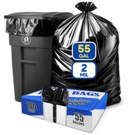 PLASTIC PRINCE 55-60 Gallon Trash Bags Heavy Duty 2 Mil Fits Rubbermaid Brute Rollout Round and Square 32-55 Gallon Trash Cans 43 x 47 Large Durable Garbage Trash Can Liners, Black Pack of 100