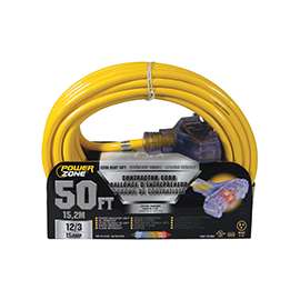 PowerZone Sjtow Pro Triple Tap Extension Cord, 12/3, 50 Ft