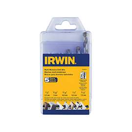 IRWIN 4935078 Multi-Material Drill Bit Set, Steel, Uncoated, 5-Piece, For 1/2 in and 3/8 in Chuck Drills