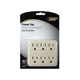 PowerZone Grounded Outlet Tap, 125 V, 15 A, 6 Outlet, White