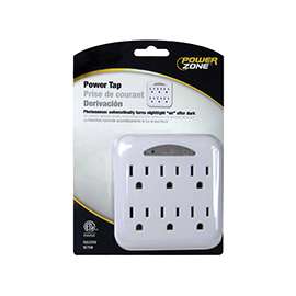 PowerZone Grounded Outlet Tap, 125 V, 15 A, 6 Outlet, White
