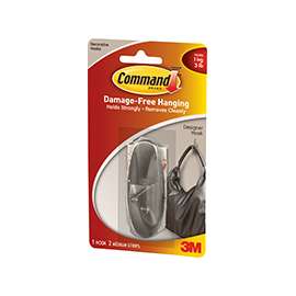 Command 17081-BN Designer Hook, 3 lb Weight Capacity, Plastic, Brushed Nickel