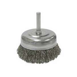 Stem-Mounted Crimped Wire Cup Brush, 2 1/2 in Dia., .014 in Steel