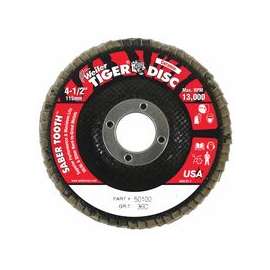Saber Tooth Ceramic Flap Discs, 4 1/2 in, 36 Grit, 7/8 in Arbor, 13,000 rpm