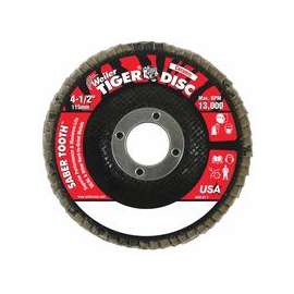 Saber Tooth Ceramic Flap Discs, 4 1/2 in, 80 Grit, 7/8 in Arbor, 13,000 rpm