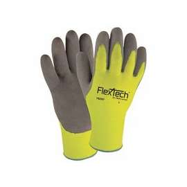 FlexTech Hi-Visibility Knit Thermal Gloves w/Latex Palm, Large, Gray/Green
