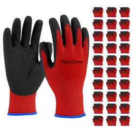 PLEXGLOVE 300 Pair Safety Work Gloves Men Heavy Duty Cotton Non Slip Latex Coated - Hardy Gardening Gloves Package Handler with Grip for Construction Warehouse Yard, Red Black, Medium, Size 9