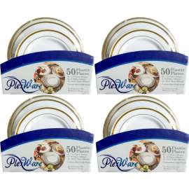 PLEXWARE (4 Sets) 50 Pcs White Heavy Duty Plastic Disposable Plates Set with Golden Rim, 7.5" Dessert - 20 Pcs, 9" Lunch - 15 Pcs, 10.25" Dinner - 15 pcs, Premium Disposable Plates for Party/Wedding
