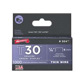 Arrow T30 Series 304 Flat Crown Staple, 1/4 in L Leg