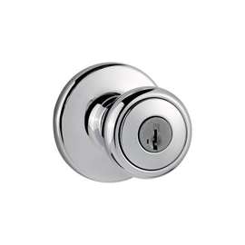 Kwikset 400T 26D RCAL RCS Keyed Entry Knob, 1-3/8 to 1-3/4 in Thick Door, Brass, Satin Chrome