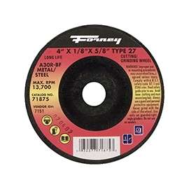 Forney 71875 Depressed Center, Type 27 Grinding Wheel, 5/8 in Arbor, 30-Grit, Aluminum Oxide, 4 in Dia