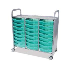 Callero Plus Shield Treble Trolley Set 03, Antimicrobial, Metal, 24 F1 Shallow Bins, 40.6" x 17.3" x 41.5", Silver/Trans Kiwi