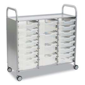 Callero Plus Treble Column Trolley Set 17, Metal, 1 Shelf, 16 F1 Bins, 4 F2 Bins, 40.6" x 17.3" x 41.5", Silver/Trans Frost