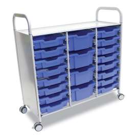 Callero Plus Treble Column Trolley Set 17, Metal, 1 Shelf, 16 F1 Bins, 4 F2 Bins, 40.6" x 17.3" x 41.5", Silver/Royal Blue
