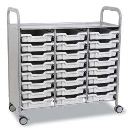 Callero Plus Treble Column Trolley Set 03, Metal, 1 Shelf, 24 F1 Shallow Bins, 40.6" x 17.3" x 41.5", Silver/Light Gray