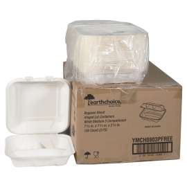 EarthChoice PFAS Free Compostable Hinged Lid Container, 3-Compartment, 8 x 8 x 3, Natural, Sugarcane, 150/Carton