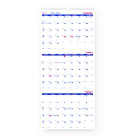Three-Month Wall Calendar, 12.25" x 27", White/Blue Sheets, 14-Months: Dec 2024 to Jan 2026