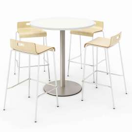 Pedestal Bistro Table with Four Natural Jive Series Barstools, Round, 36" Dia x 41h, Designer White