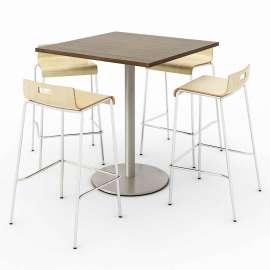 Pedestal Bistro Table with Four Natural Jive Series Barstools, Square, 36 x 36 x 41, Studio Teak