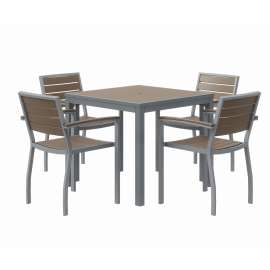 Eveleen Outdoor Patio Table with Four Mocha Powder-Coated Polymer Chairs, Square, 32", Mocha